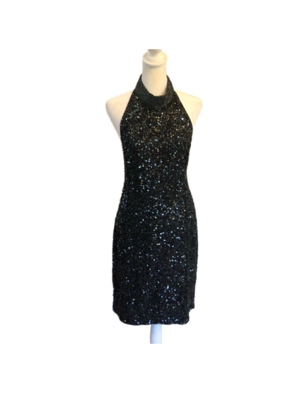 Stenay Size 14 100% silk sequined choker neck halter dress. Black vintage sexy